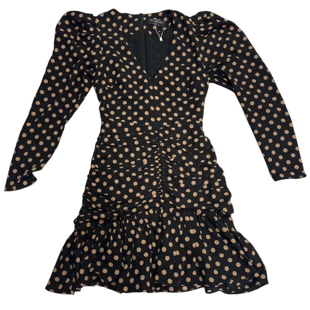 MINKPINK Black Tan Polka Dot Ruched Mini Dress XS Long Sleeve Like New